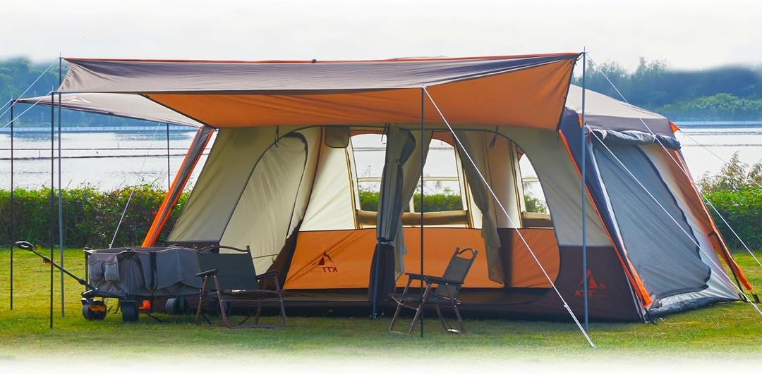 KTT Extra Large Tent 12 Person,Family Cabin Tents,Awning,2 Rooms,4 Doors and 4 Windows with Mesh,Straight Wall,Waterproof,Double Layer,Big Tent for Outdoor,Picnic,Camping,Family Gathering, 10 person