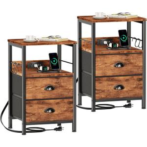 Furologee Nightstand Set of 2, Rustic Brown, with Charging Station and USB Ports, Side Tables with 2 Fabric Drawers, Bedside Tables with Storage Shelf & Hooks, for Living Room/Bedroom (2 pc(11"D x 14.96"W x 23.6"H))