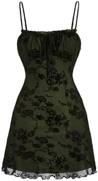 WDIRARA Women's Floral Print Mini Dress Y2K Vintage 90s Goth Mesh Short Cami Dresses Size L, Olive Green