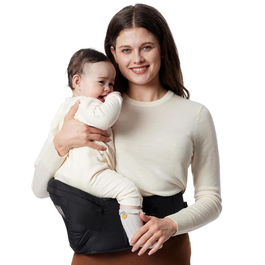 Momcozy Hip Seat Baby Carrier - Adjustable Waistband with Original 3D Belly Protector, Ergonomic Carrier with Various Pockets for Newborns & Toddlers up to 45lbs (Black, Large)