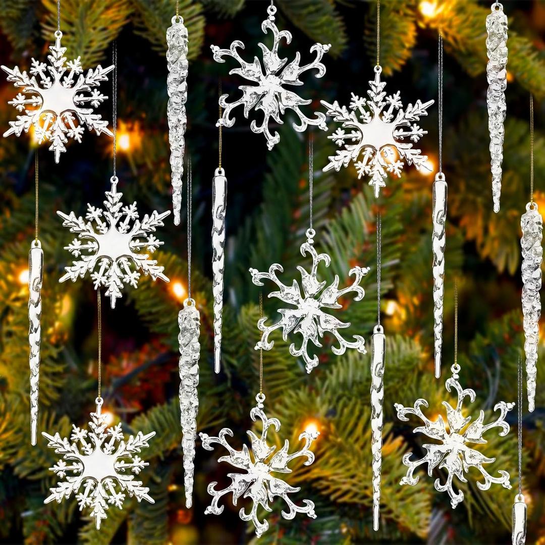 VGOODALL 36PCS Crystal Christmas Tree Ornaments, 4 Inch Snowflake Icicles Ornaments Set with Shatterproof Acrylic for Outdoor Party Tree Decorations and Craft (White)