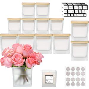 CONNOO 12 Pack 9oz, 3oz Frosted Square Candle Jars for Making Candles, Thick Glass Bulk Empty Candle Containers with Airtight Bamboo Lids for Candle Making, Sticky Warning Labels - Dishwasher Safe