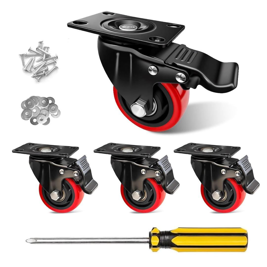 3 inch Casters Wheels, 3" Heavy Duty Casters Polyurethane (PU) Swivel Set of 4 Load 1000lbs with Brake, Locking Swivel Plate Caster, Industrial Castor Wheels for Carts,Furniture and Workbench (Red)