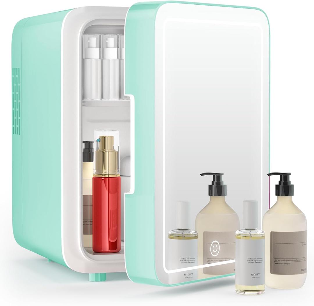 CUTIEWORLD Skincare Fridge with Dimmable LED Light Mirror, 4L Mini Fridge For Desktop, Travel or Cool & Heat, Makeup Fridge for Cosmetics, Skin Care and Food, Green