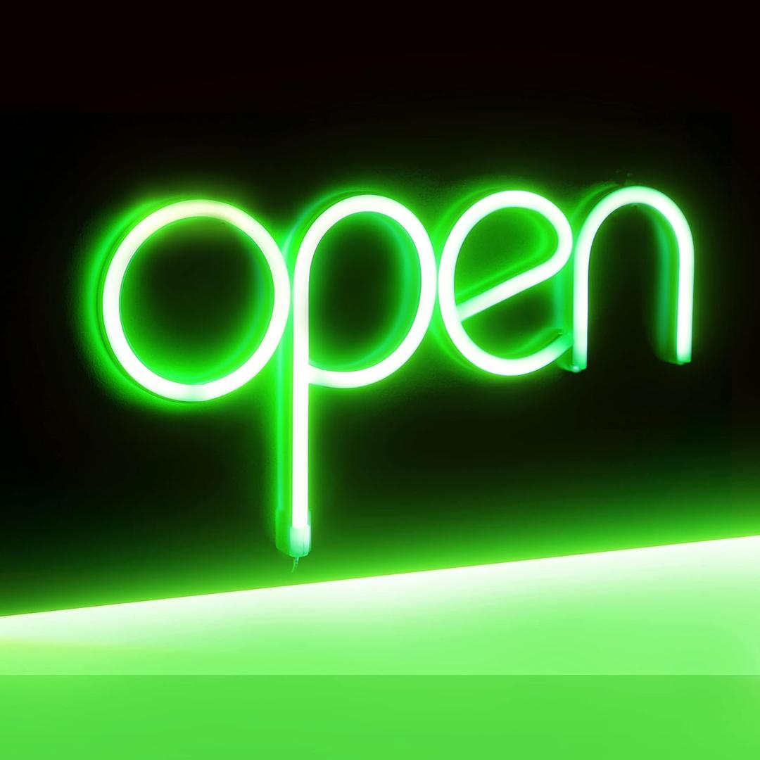 LED Neon Open Sign, 13.8"x 7.1" Open Sign for Business, Powered by USB Cord or 3*AA Batteries, Neon Lights for Party Bar Salon Stores Hotel Wall Decor Neon Light Sign (Green)