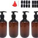 zmybcpack 4 Pack 16 OZ Empty Plastic Pump Lotion Bottles with 1 Pen, Labels & Silicone Funnel, Amber Color Lotion Dispenser With Locking Pump for Body Wash, Shampoo, Massage Lotion, Gel