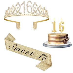 Sweet 16 Party Decorations for Girls with Sweet 16 Sash Gold, Rhinestone 16th Birthday Tiara, 16 Candles Gold, 16th Birthday Gifts for Girls