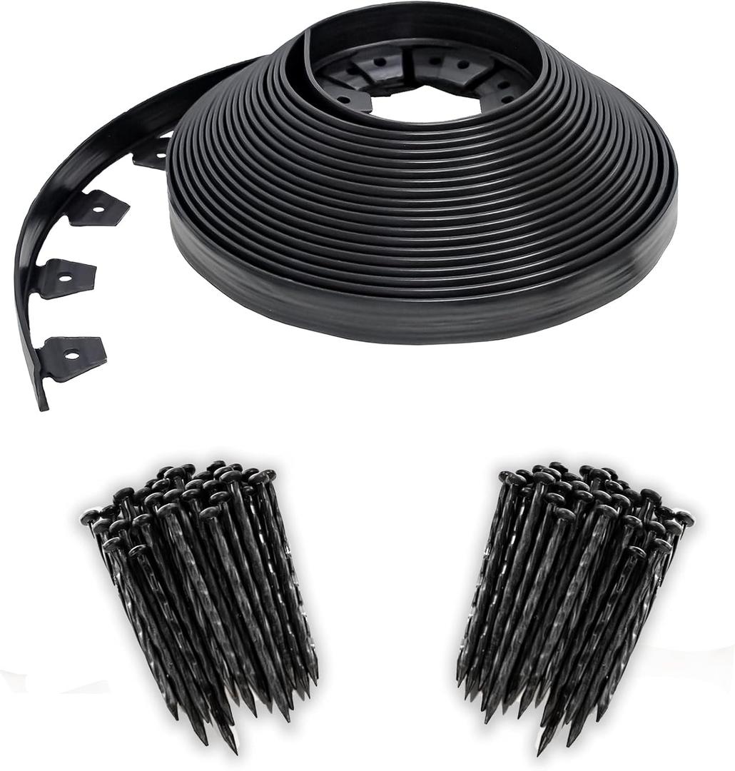 EasyFlex No-Dig Landscape Edging with BONUS Anchoring Spikes, 1.5 in. Tall Straight Top Plastic Garden Border, 100 Foot Kit, Black