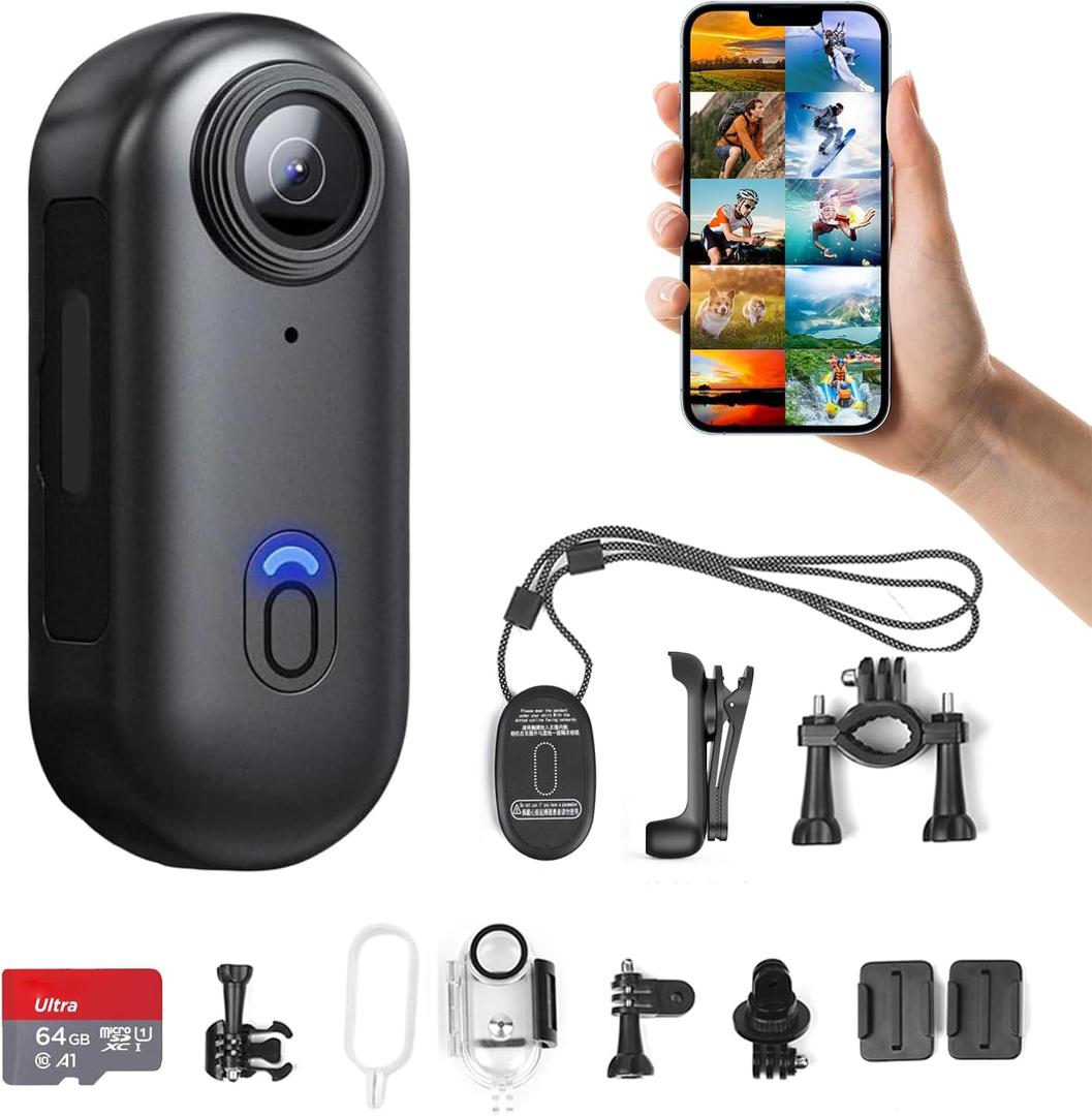 H8 64GB 4K Thumb Action Camera, Mini Body Cameras, Wearable Pocket Vlogging Camera, Multiple Accessory Mount Anywhere Small Portable Hands-Free Helmet Cam for Work, Cycling, Travel, Pet Walking (Black)