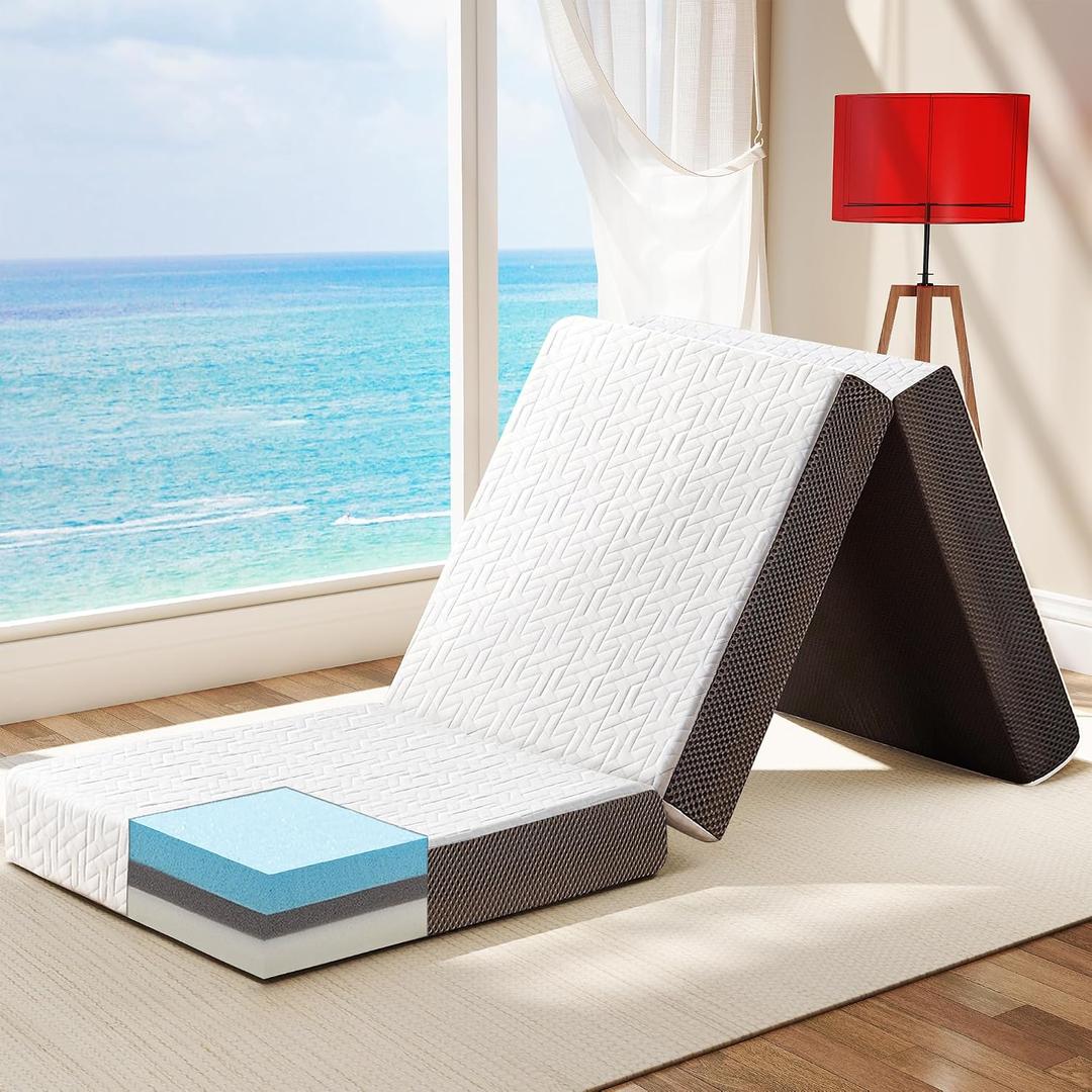 Hanherry 4 Inch Foldable Mattress Single Size, Tri-Folding Portable Memory Foam Topper Floor Bed with Storage Bag, Washable Cover for Travel, Camping, RV, Guest