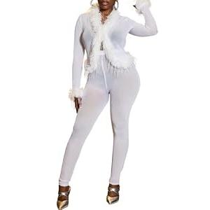 Ophestin Women Mesh 2 Piece Outfits Sexy See Through Crop Tops Bodycon Pants Cocktail Party Club Jumpsuit Set White XXL