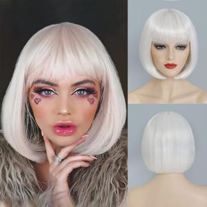 White Bob Wig With Bangs Short White Wigs For Women Straight Bob Bangs Wig 10 Inch Heat Resistant Synthetic Hair Natural Looking For Daily Party Use