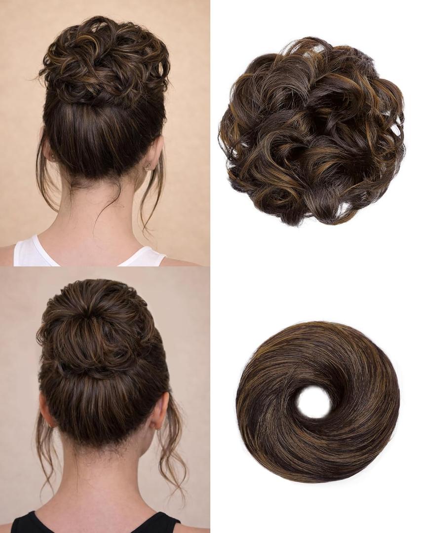 2PCS Messy Bun Hair Piece-Large Wavy Curly & Donut Updo Hair Pieces Set, Scrunchies Synthetic Chignon Ponytail Extensions Thick Updo for Women(Dark Brown Mixed Light Brown)