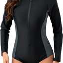 Halcurt Women's One Piece Rash Guard with Built in Bra UPF50+ Zip Long Sleeve Surfing Athletic Swimsuit (Black, S)