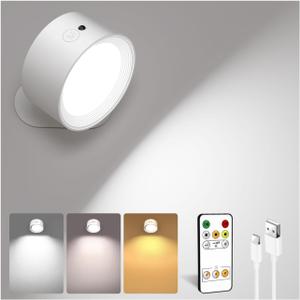 LED Wall Mounted Lights, Rechargeable Wall Sconces Lamp, 3 Color Temps & Remote and Touch, 360Rotation Dimmable Cordless Wall Light for Study Bedroom Reading Bedside(White, 1 Pack)