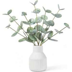 FIACO Artificial Eucalyptus Stems in Ceramic Vase, 14" Fake Plants for Home Decor, Coffee Table Centerpiece Bathroom Shelf Dining Table Farmhouse Faux Greenery Plants Indoor Decorations