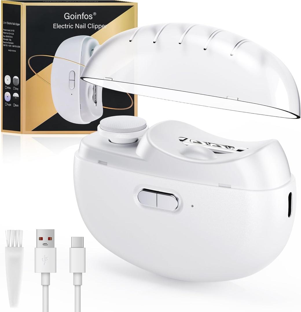 Electric Nail Clipper, 3-in-1 Automatic Nail Clipper, 2 Speed Automatic Nail File Toenail Trimmer with LED Light, Polishing and Nail Debris Collection, for Baby, Kids, Adults and Seniors (White)