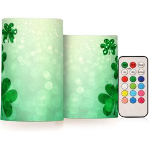 YETTASBIN St. Patrick's Day Clover Flameless Candles with Remote Control and Timer, Adjustable Brightness Long Lasting Battery Operated LED Pillar Candles for Indoor Outdoor Party Home Decor, 2 Pack