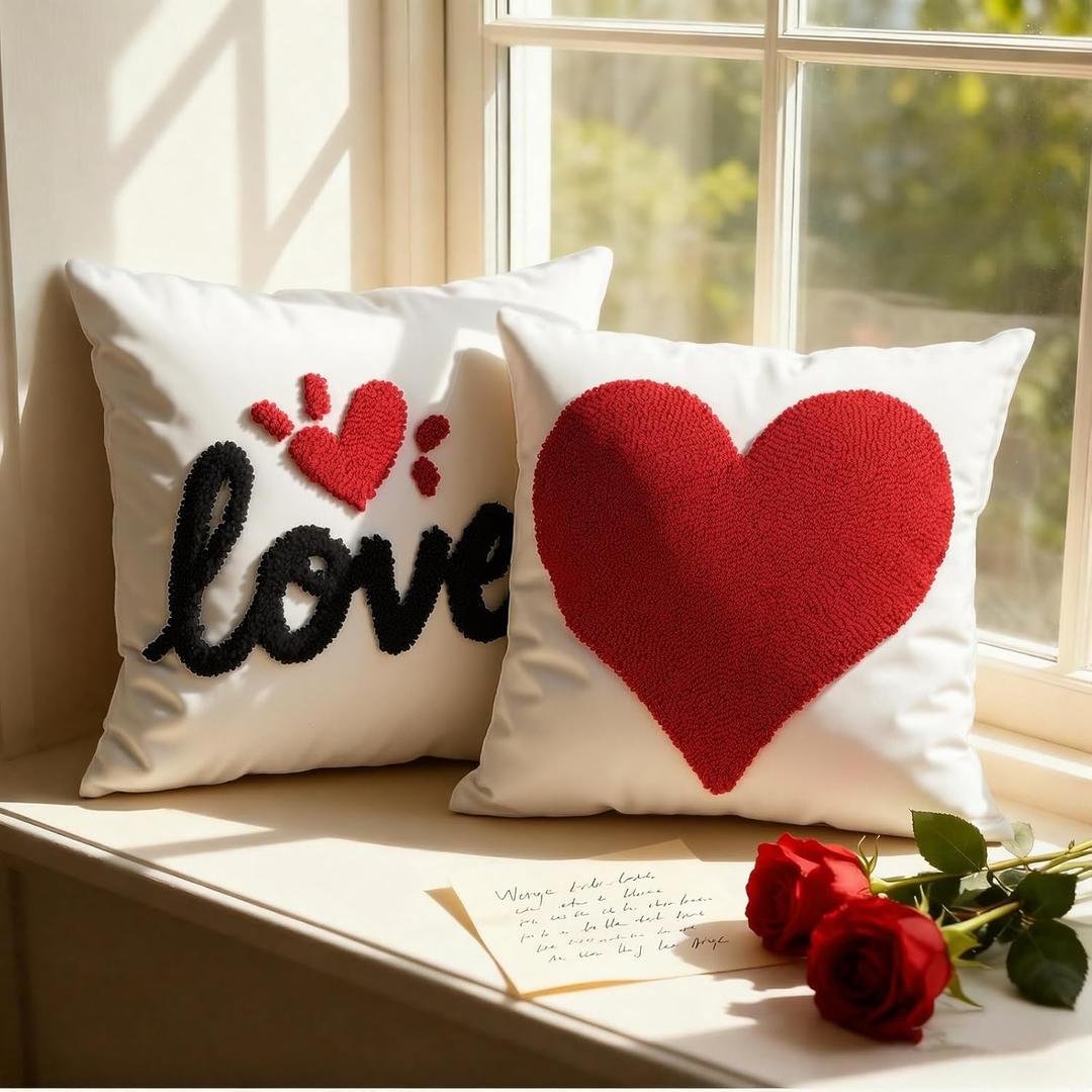 Tudomro 2 Pcs Valentine's Day Pillow Covers 18 x 18 In Red Embroidery Heart Love Pillowcover Soft Cotton Chenille Pillowcover Love Pillowcase Decoration for Home Bedroom Sofa Couch Anniversary Wedding