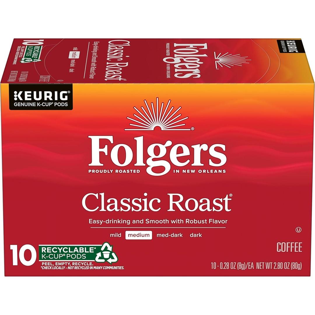 Folgers Classic Roast Coffee, Medium Roast, Keurig K-Cup Pods, 10 Count Box, Best By: JAN 12 2027