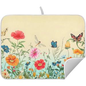Dragonfly Butterfly Tulip Flower Dish Drying Mats for Kitchen Counter Absorbent Microfiber Dish Drying Matt 16 x 18 Inch Draining Reusable Rack Pad (Mult6)