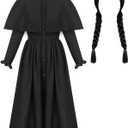 JenPen 2 Pcs Gothic Black Girls Halloween Costume Outfit with Double Braid Wig 2025 Detective Kids Cosplay Dress Accessories (M)