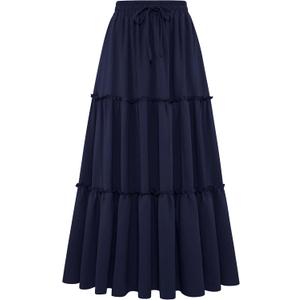 Arolina Women's Summer Maxi Skirt Trendy High Waist Pleated Ruffle Long Skirts Flowy Beach Boho Skirt Dress with Pockets L