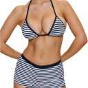 MakeMeChic Women's Striped Bikini Set Halter Triangle Tie Backless String Swimsuit with Boyshorts, Size: Top M, Bottom XL
