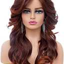Rugelyss Vintage Wigs Dark Brown Rednish Maroon Wig for Women Lady Natural Synthetic Full Wigs for 70s Cosplay Costume Disco Hair Wig 20"