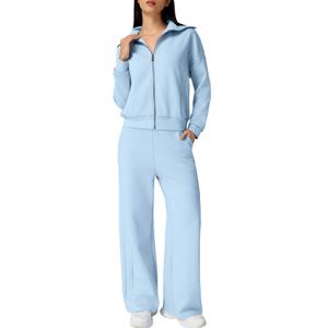 QINSEN Women's 2 Piece Outfits Long Sleeve Zip Up Lapel Sweatshirt Wide Leg Pants with Pockets Matching Sets Sky Blue, M