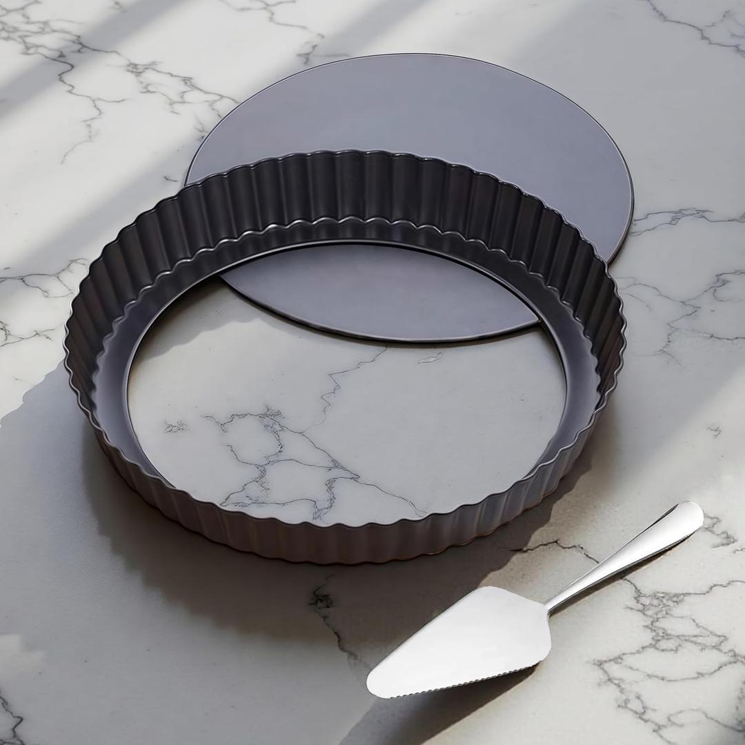 9 Inch Quiche Tart Pans with Pie Cake Server. Removable Bottom, Non-Stick Coating, Rugged Carbon Steel for Tart Quiche Baking. Gift for Women Wife Christmas Thanksgiving Party Festival Family (9IN*1.2IN)