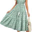 GRACE KARIN Womens Summer Floral Midi Dresses Short Sleeve Beach Wedding Guest Dress Drawstring Long Flowy Dress with Pockets (Large, Light Green and Whte Patern)