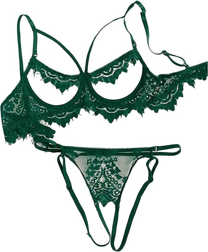 Kaei&Shi Floral Embroidered Mesh Sheer,Underwire Satin Bow,High Cut Thong,Belt Garter Lingerie