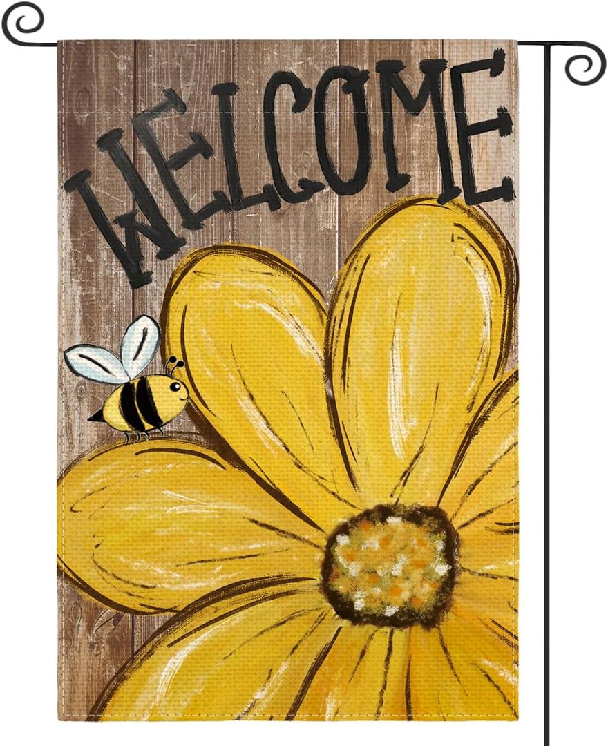 AVOIN colorlife Bee Sunflower Spring Summer Garden Flag 12x18 Inch Double Sided Outside, Welcome Wood Grain Yard Outdoor Flag (Multi)