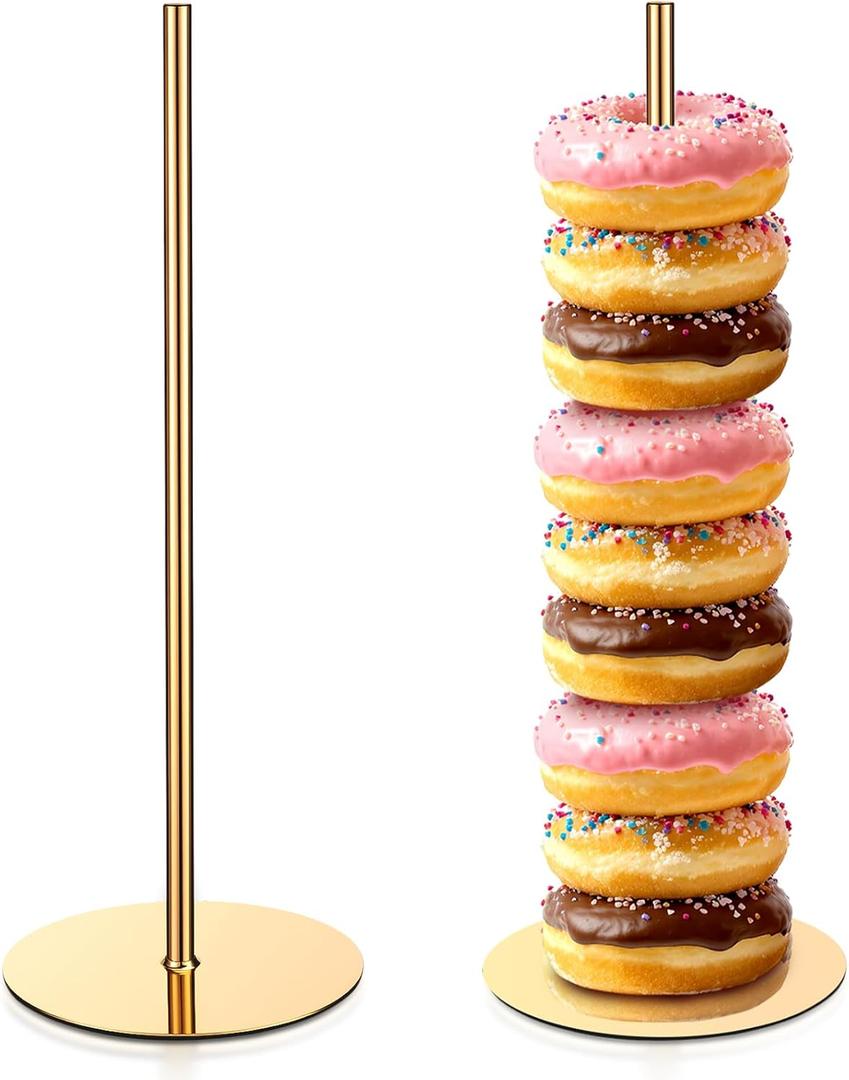 2 Pcs Metal Donut Display Stand Tower Bagel Holder Cake Stand Dessert Table Doughnut Holder Display Tower for Birthday Wedding Party and Donut Themed Party Decorations (Gold)