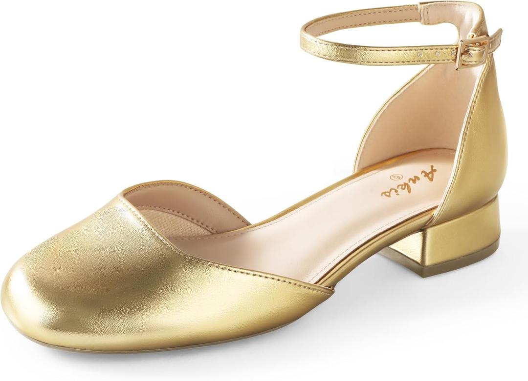 Ankis Closed Toe Heels for Women, Black Nude White Gold Silver 1 Inch Women's Flats Low Block Heel Women Dress Shoes Womens Pumps Work Shoes with Ankle Strap for Spring Fall, Size 9