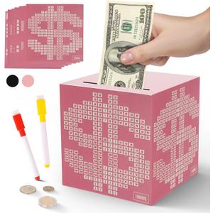 Primo Lines Pink Piggy Bank for Girl,10000 Savings Challenge Box, Money Saving Box 10,000 with Counter for Savings Goal $3000 $5000, Metal Cash Box with Money Target, Kakeibo Money Box 4.72in (4.72inch, Pink)