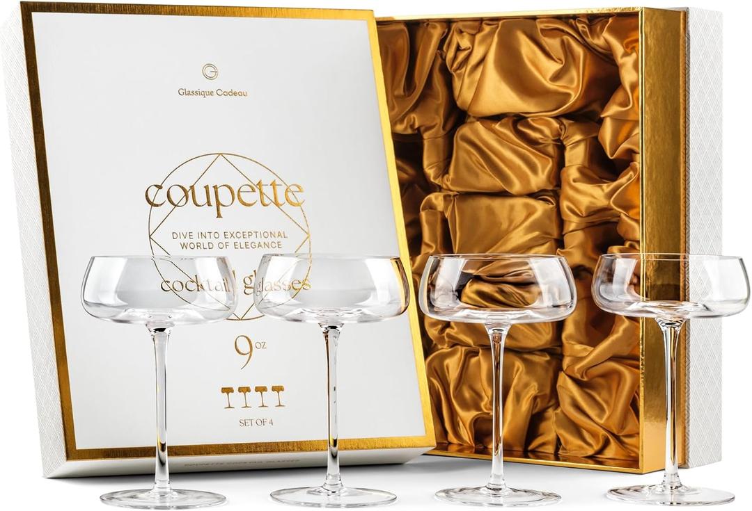 GLASSIQUE CADEAU Crystal Cocktail and Champagne Coupette Glasses | Set of 4 | 9 oz Elegant Long Stemmed Coupe Glassware for Gimlet, Espresso Martini, Daiquiri, Cosmopolitan | Fancy Round Saucers