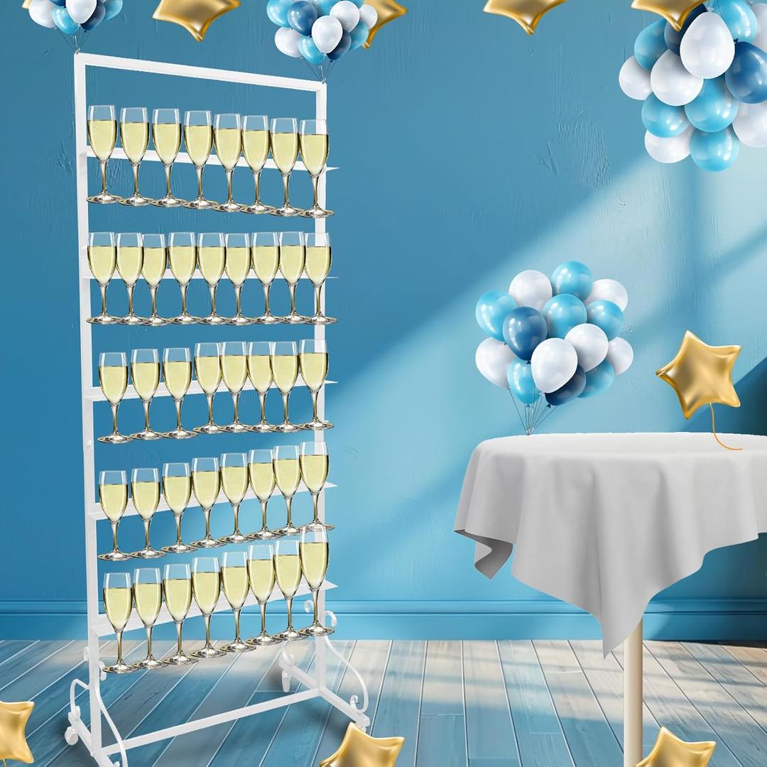 Champagne Glass Holder Champagne Wall Holder for Party, 5-Tier White Metal Champagne Flutes Display Stand Hold 40 Glasses with Swivel Casters for Wedding, Glasses Not Inc (White) (white)