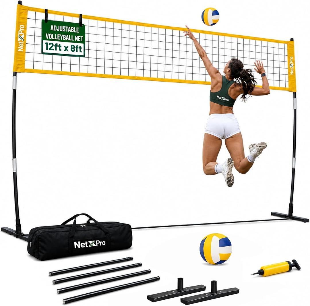 Volleyball Net for Backyard – 12ft Outdoor Volleyball Net with Fibreglass Poles, Alloy Base & Carry Bag | Portable Volleyball Net Set with Ball & Pump | Adjustable Height for Men & Women