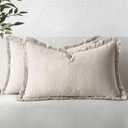 MIULEE Decorative Lumbar Throw Pillow Covers Neutral Linen Fringe Throw Pillows Set of 2 Natural Beige Boho Farmhouse Cushion Covers for Couch Sofa Bed Living Room Spring Home Decor 12x20 Inch