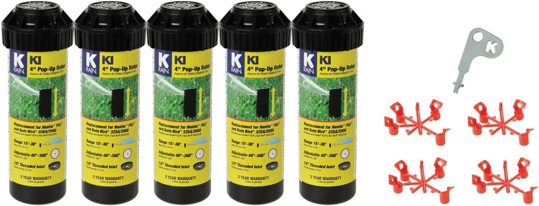 K Rain K1 1/2" Smart Set Rotor 4" Pop-Up| 15' - 30' Spray Distance, 40 - 360 Arc Spray Pattern | Includes Install Kit (5 Pack)