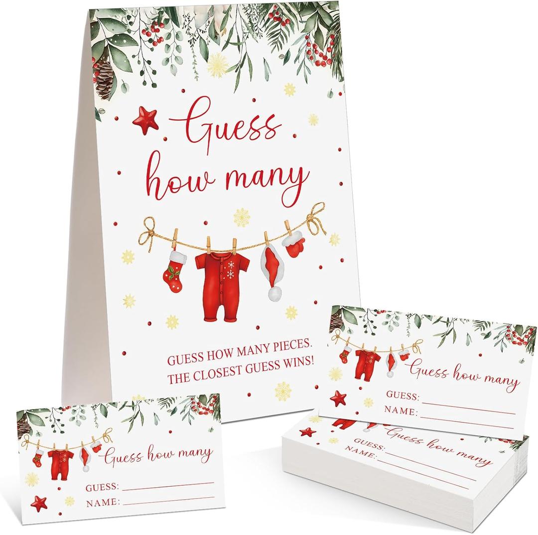 Christmas Guess How Many Baby Shower Game Pack of 1 Tabletop Sign with Stand and 50 How Many Cards, Christmas Gender Reveal Party Game Decorations(Santa)