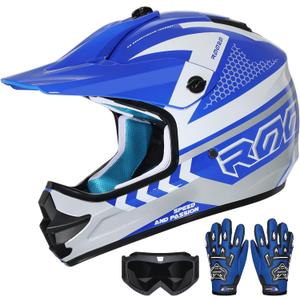 Youth Dirt Bike Helmet DOT Certified - Full Face Motorcycle Helmet for Off-Road, ATV, Street Riding, Includes Adjustable Goggles & Protective Gloves, Blue, L