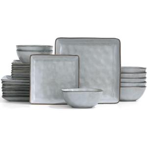 Famiware Dinnerware Sets for 8, Ocean Square 24-Piece Kitchen Plates and Bowls Sets, Microwave and Dishwasher Safe, Scratch Resistant, Grey
