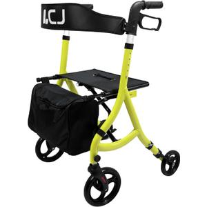 Walker for Seniors,Foldable Walker with Seat,8-inch Front Wheel,6-inch Rear Wheel,Height-Adjustable Seat,Equipped with Shopping Bag,for Elderly,Supports up to 300 lbs(Yellow-Standard Version)