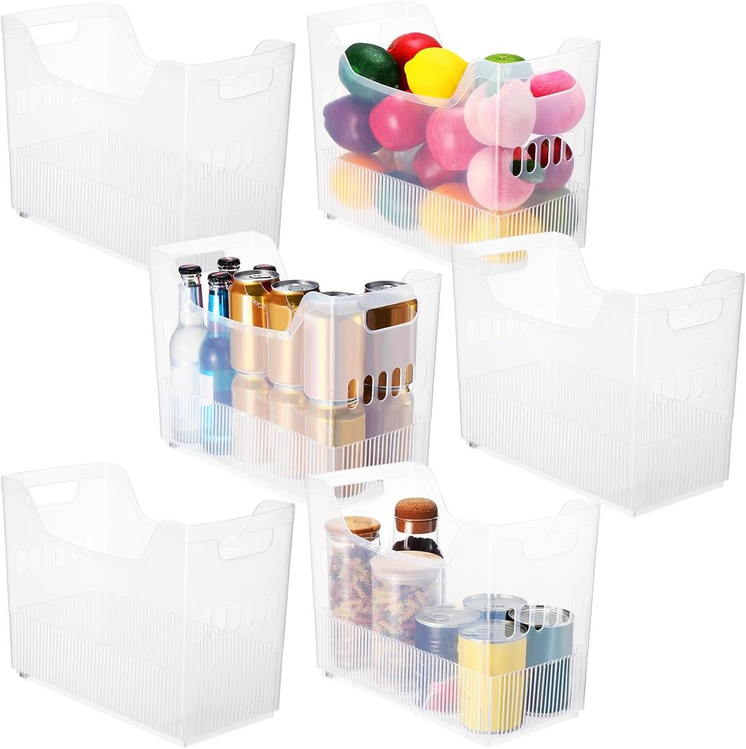 Qunclay 6 Plastic Freezer Organizer Bins with Wheel Set Clear Tall Narrow Kitchen Pantry Organizer Snack Storage Containers for Office Refrigerator(10 x 13.3 x 6.7inches)