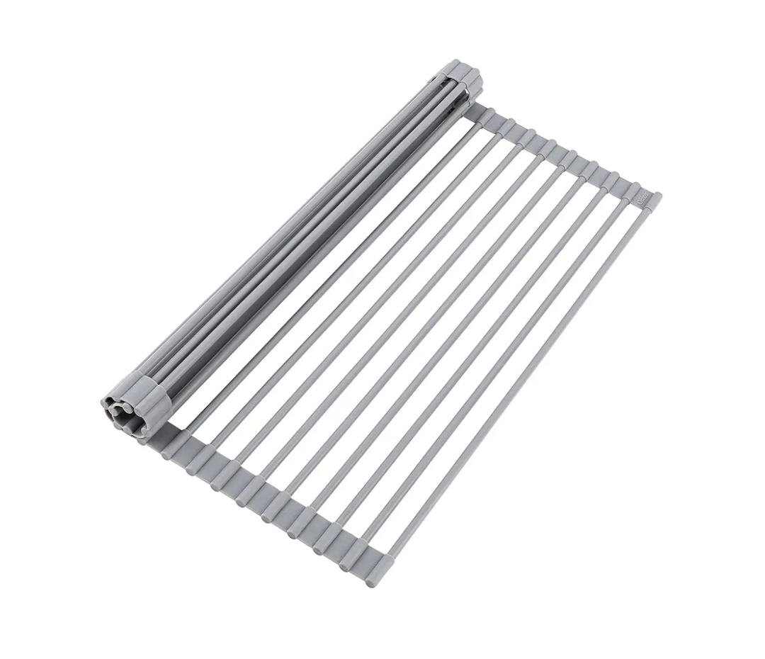 Oizeir Roll Up Dish Drying Rack - Silicone Coated Stainless Steel, Over The Sink, Foldable, Heat-Resistant, Anti-Slip, Dish Drainer. (17" x 12.5")