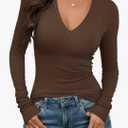 Prettywear Sexy Deep V Neck Long Sleeve Shirts for Women Ribbed Going Out Tops Fitted Casual Basic 2026 Spring Summer Clothes XS