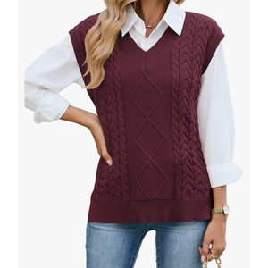 ZAFUL Womens V Neck Sweater Vest Cap Sleeve Oversized Ribbed Cable Knit Casual Loose Tank Top Pullover, Size: S